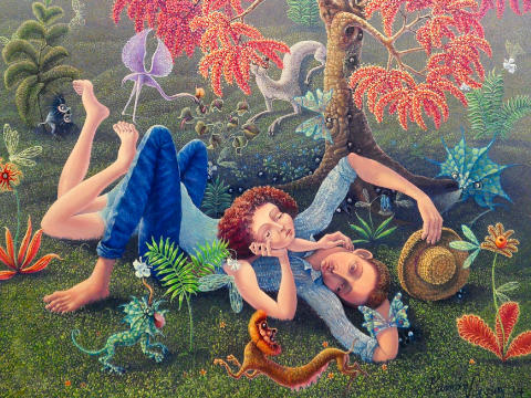 De la serie Parejas en el Jardín. Romance bajo el flamboyan, 2019. Óleo sobre tela. 100 x 80cm