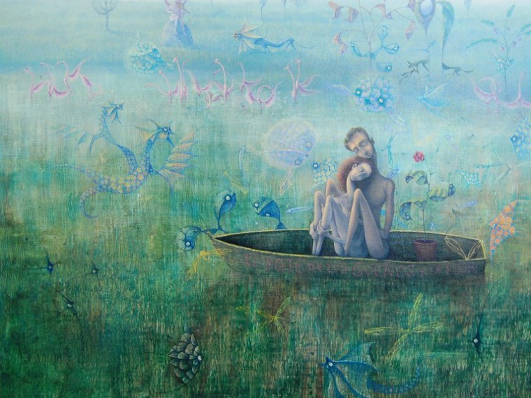 De la serie El bote de los sueños. El bote de los sueños y la flor, 2012. Óleo sobre tela. 80 x 100cm