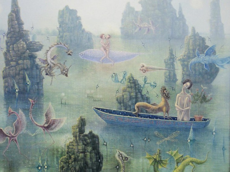 De la serie El bote de los sueños. El bote de los sueños, la bestia y la flor, 2014. Óleo sobre tela. 65 x 50cm