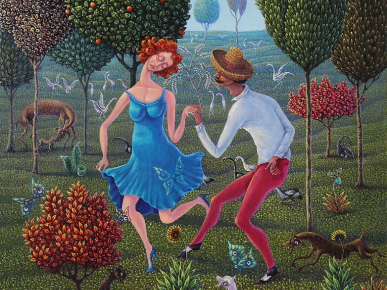 De la serie Parejas en el Jardín. Pareja de baile, 2016. Acrílico sobre madera. 38 x 33cm