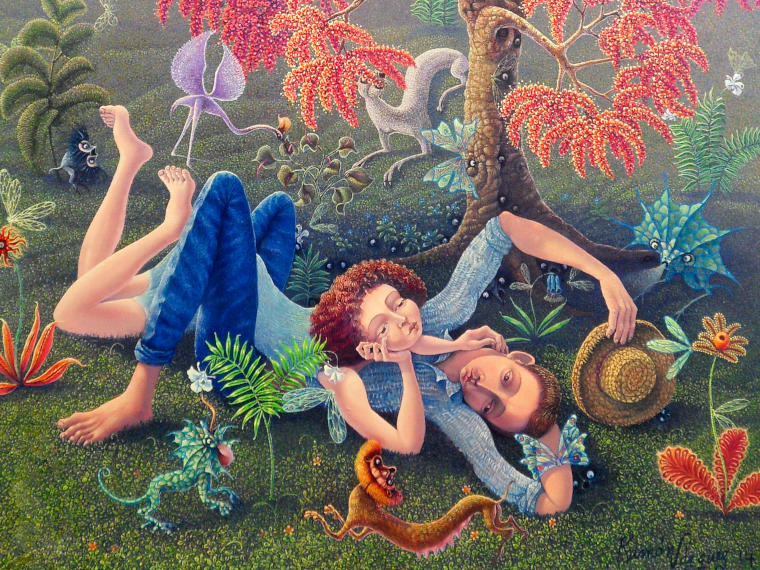 De la serie Parejas en el Jardín. Romance bajo el flamboyan, 2019. Óleo sobre tela. 100 x 80cm